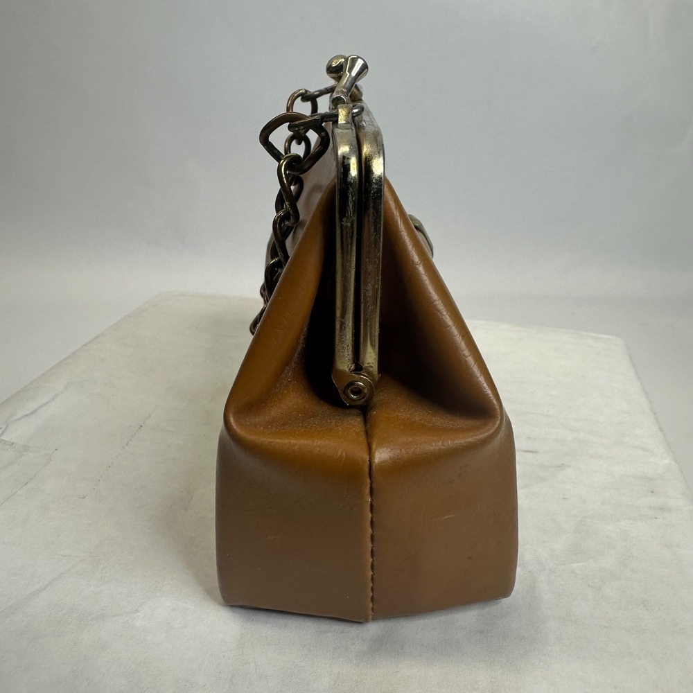 Vintage Style Cognac Brown Bow Frame‎ Clutch Kiss Lock Chain Handle Handbag - Picture 4 of 10